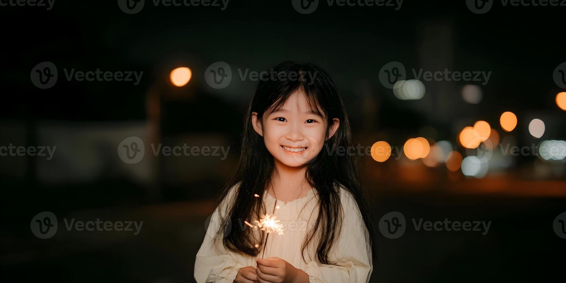 Smiling Girl Holding Sparkler at Night City Background Child Fireworks Celebration photo