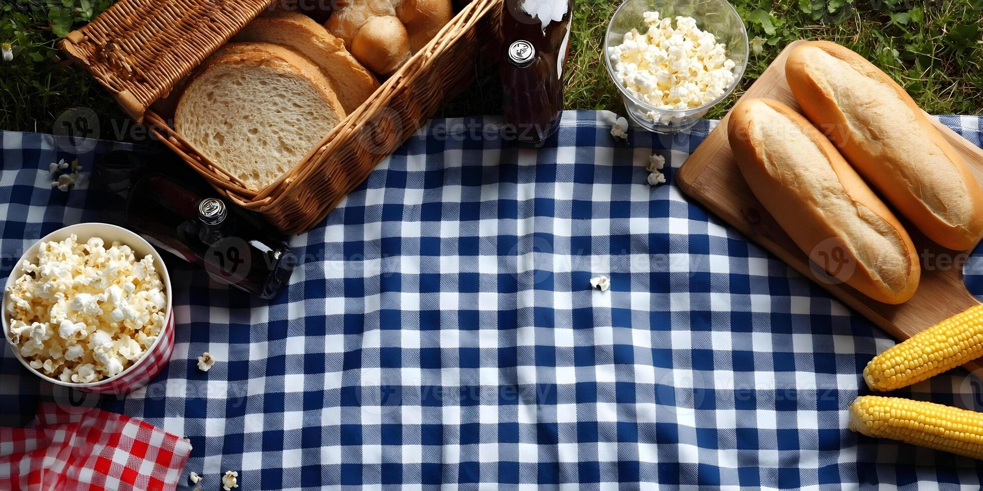 Summer Picnic Scene Blue Gingham Blanket Bread Popcorn Corn photo