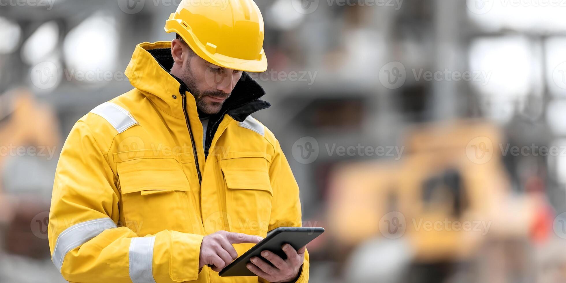 Construction Worker Using Tablet on Site Yellow Hard Hat Uniform photo
