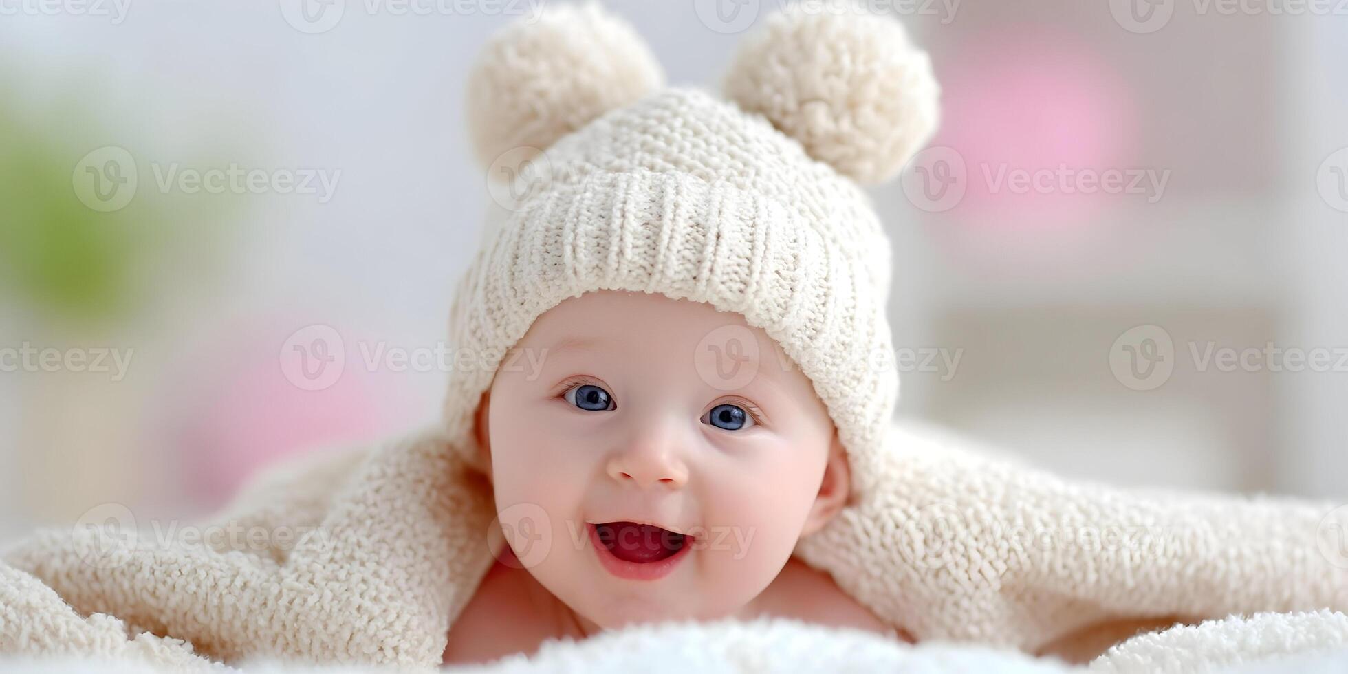 Adorable Baby in Knitted Hat and Blanket Happy Infant Soft Cream Colors photo