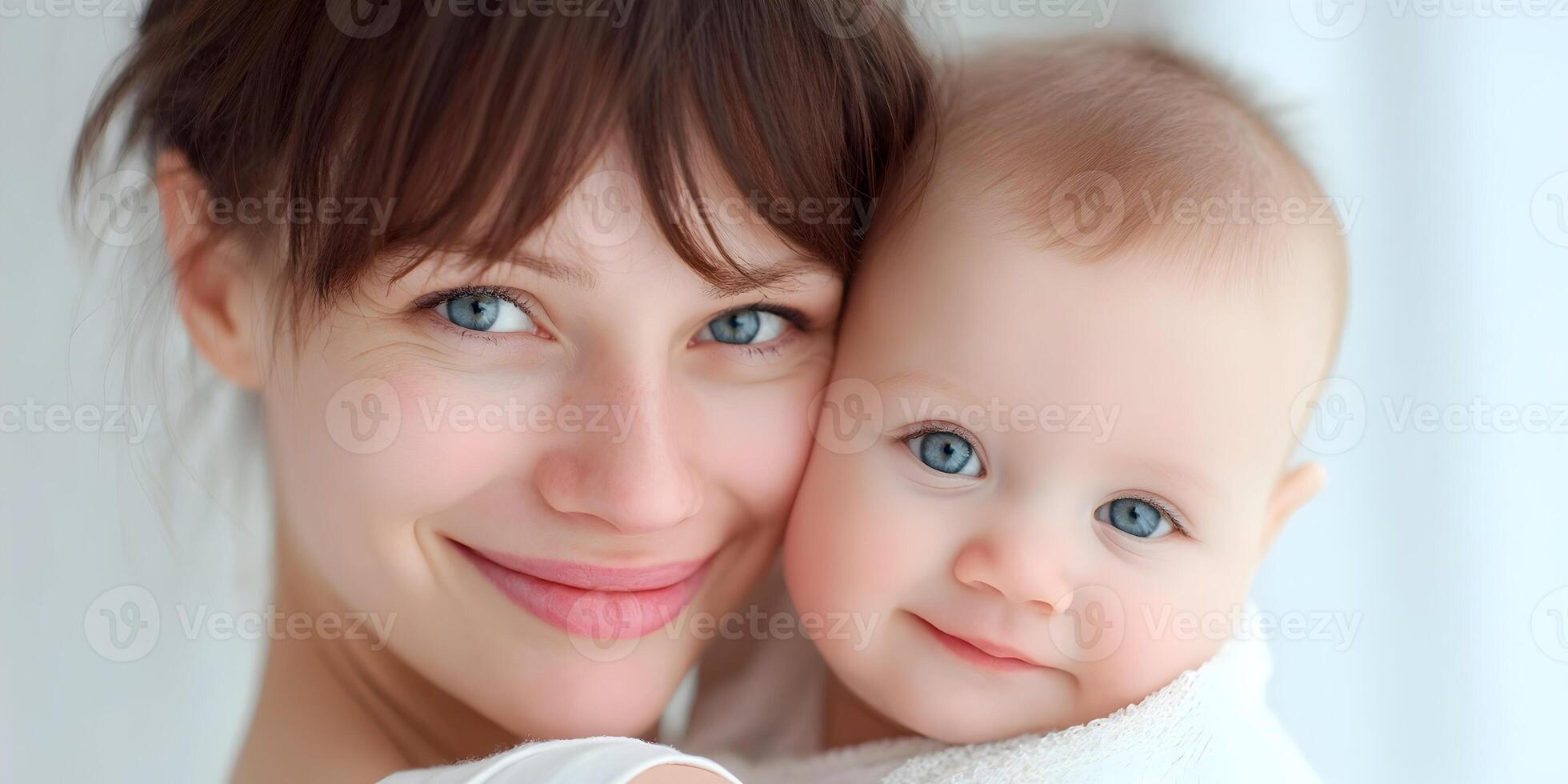 Happy Mother and Baby Girl Closeup Portrait Blue Eyes photo