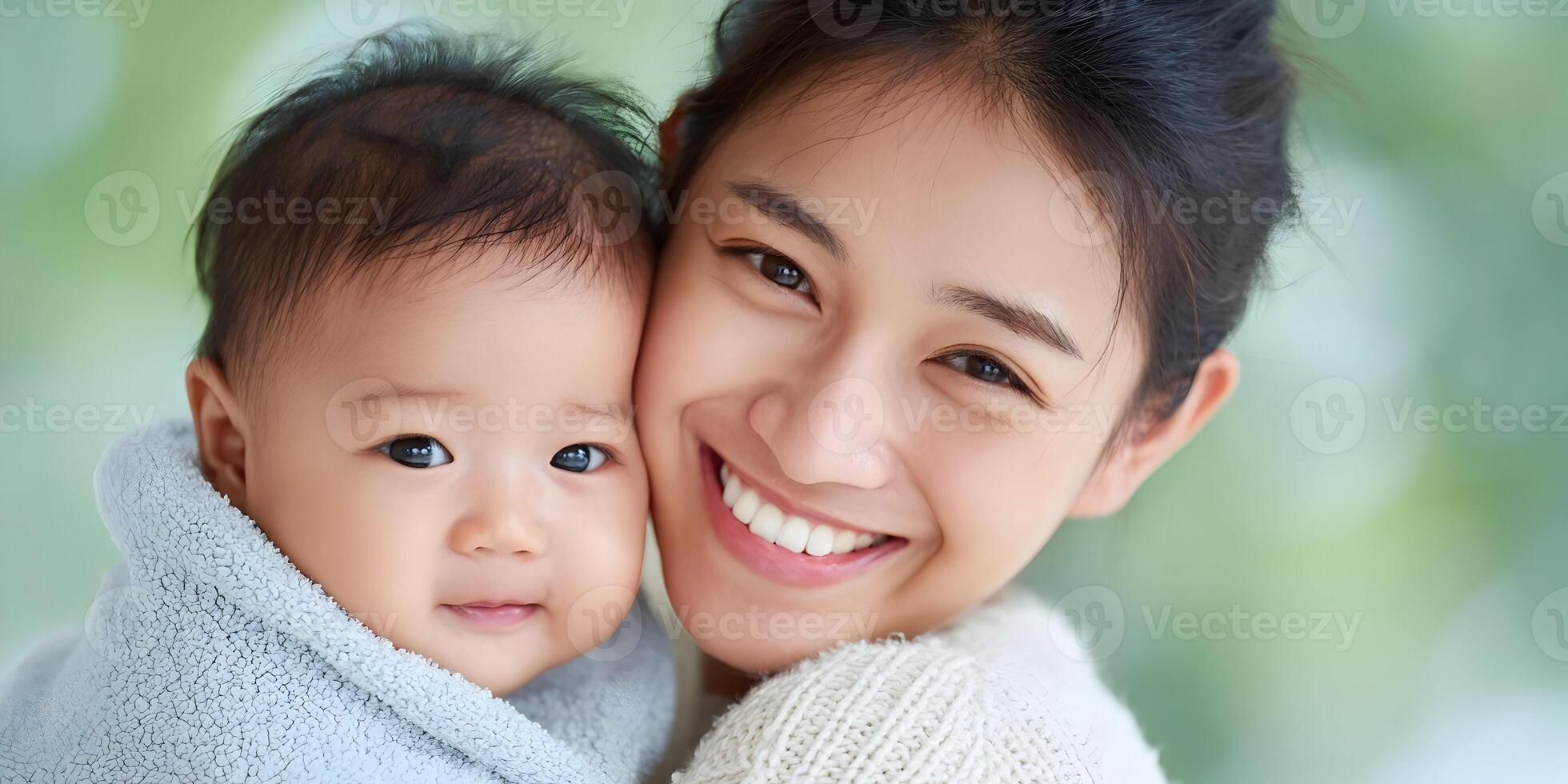 Happy Asian Mother Holding her Baby Close Smiling Portrait photo