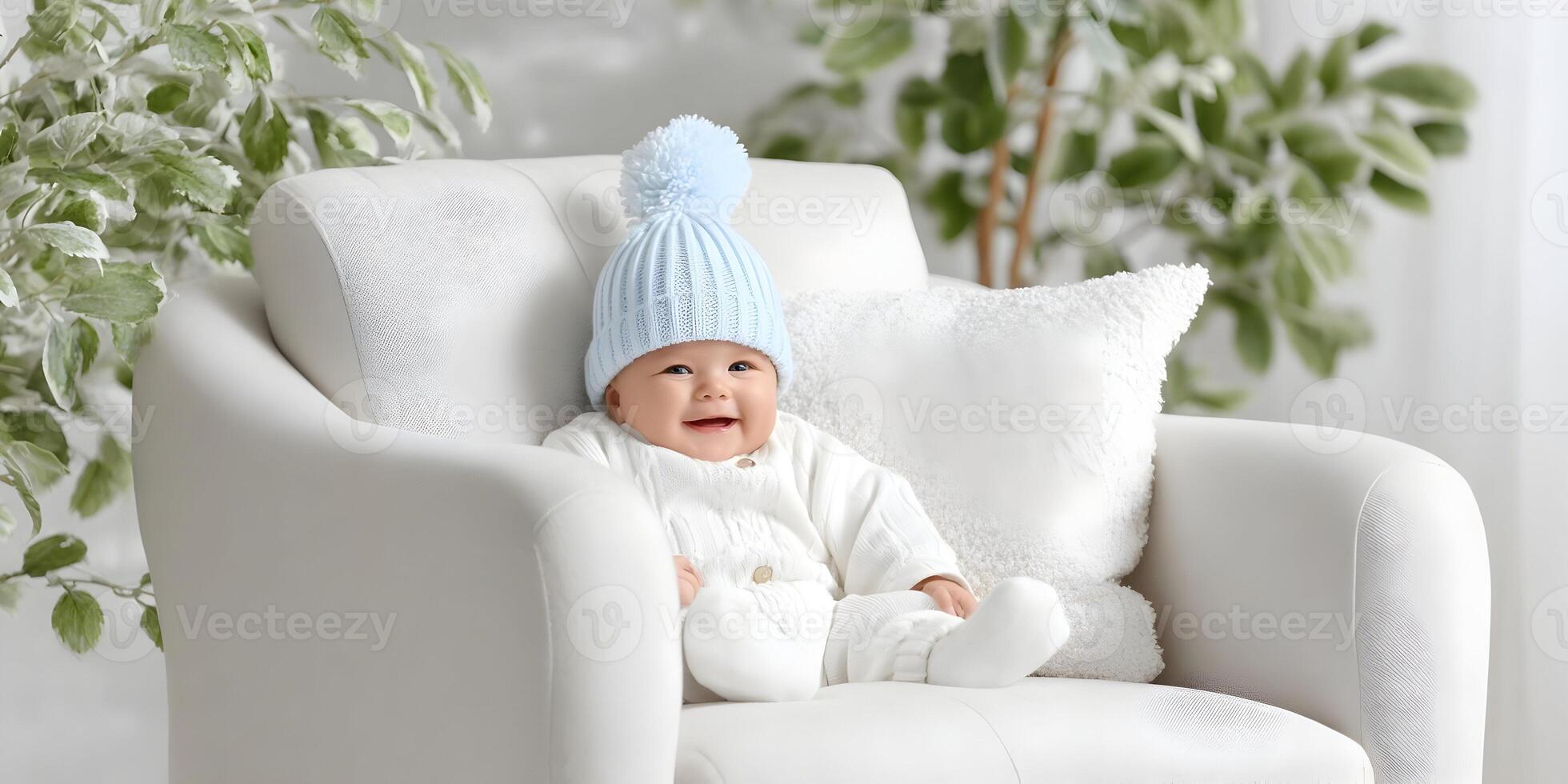 Smiling Baby Boy in Light Blue Knit Hat Sitting in Armchair photo