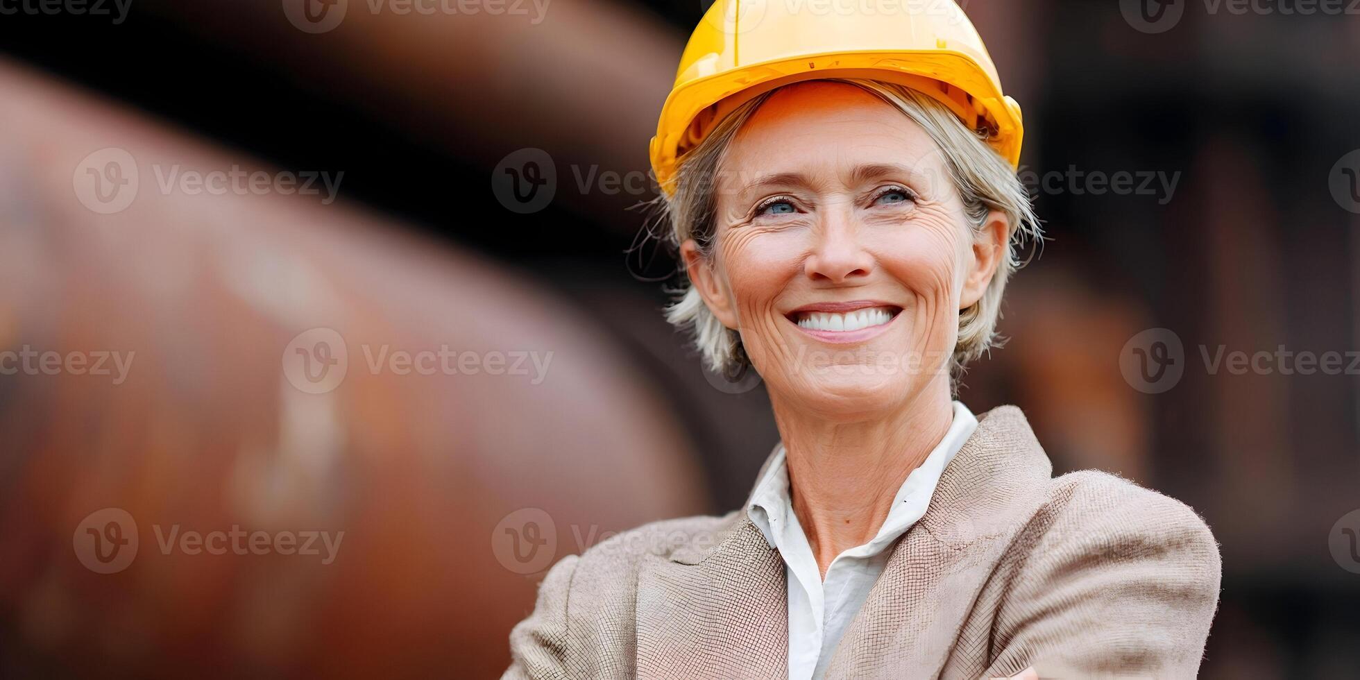 a woman in a hard hat smiling photo