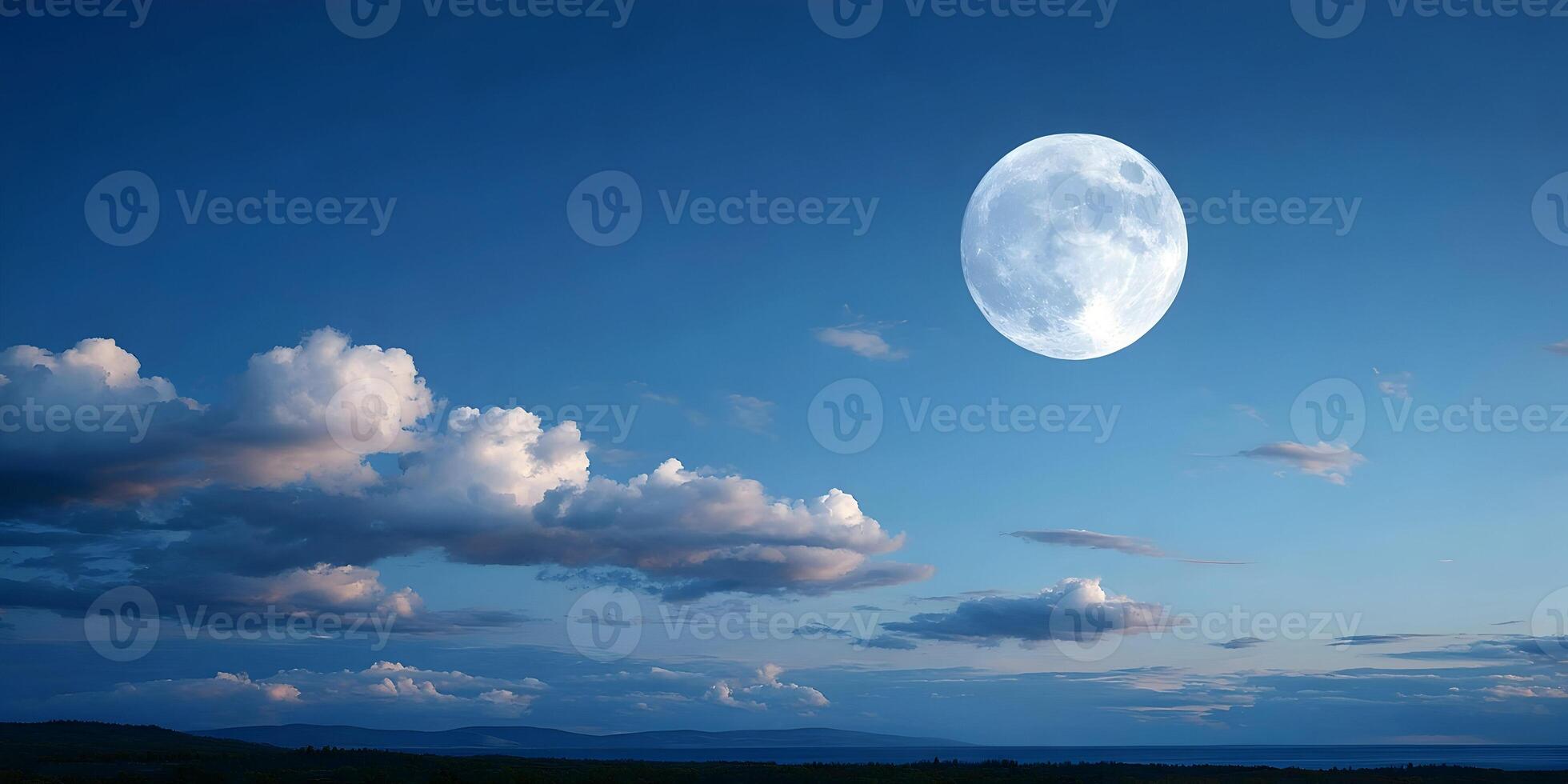 Full Moon Night Sky Landscape with Clouds and Distant Mountains photo