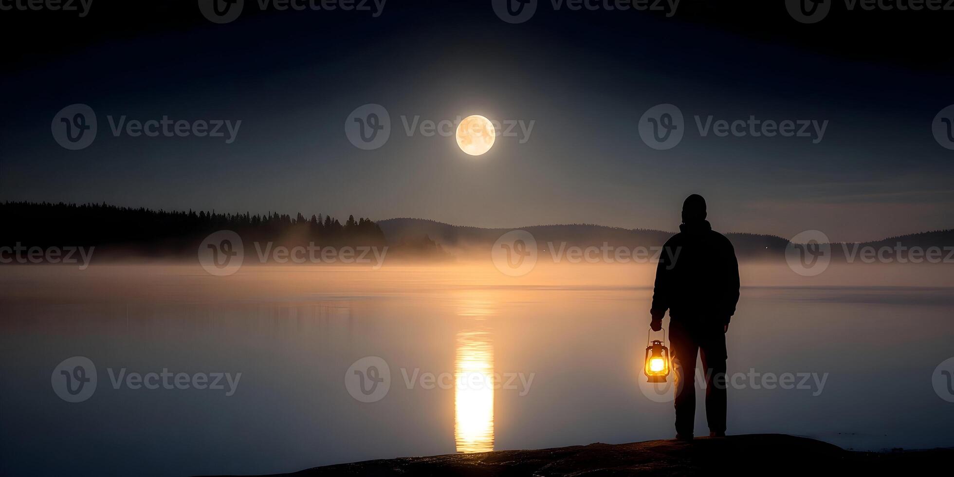 Silhouette Man Holding Lantern Foggy Lake Full Moon Night Landscape photo
