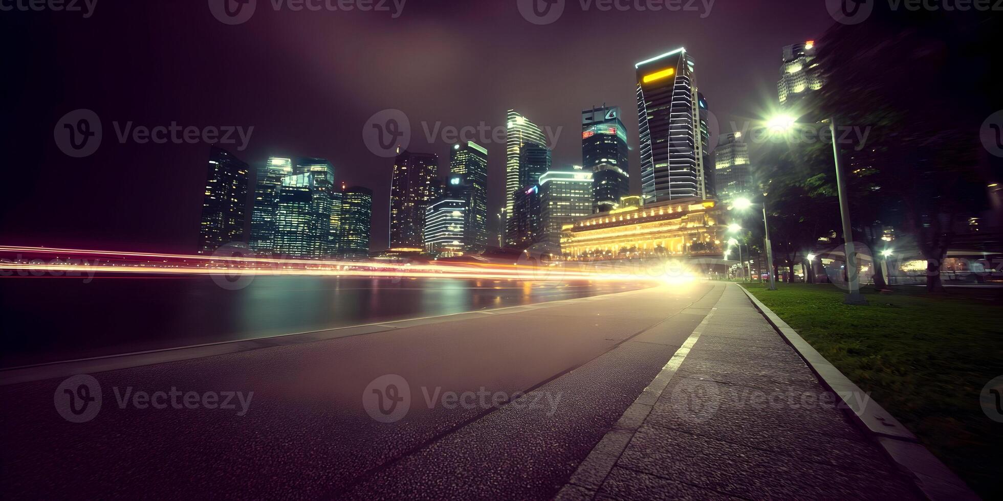 Night Cityscape Modern Buildings Illuminated Road Traffic Lights photo