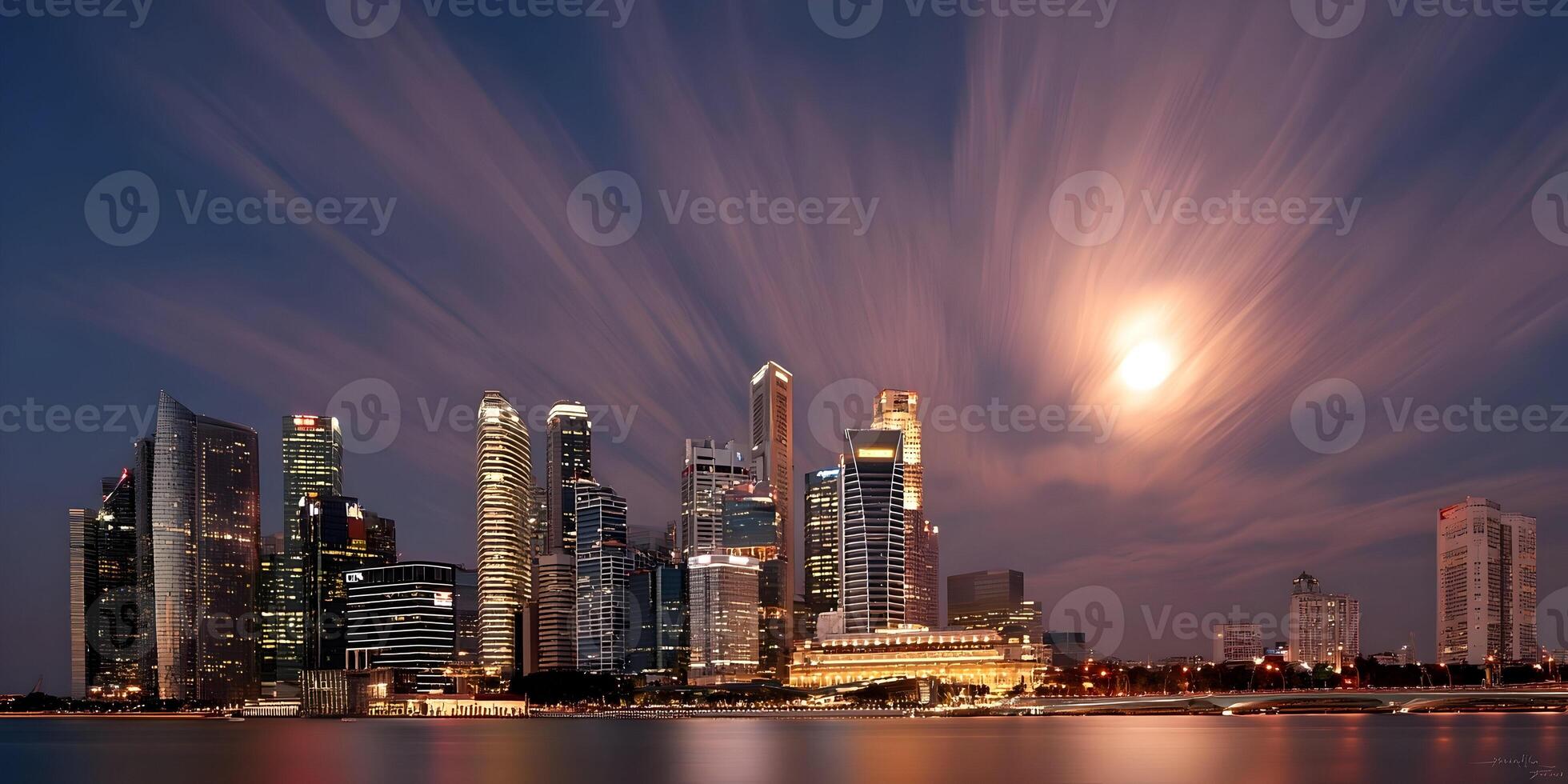 Singapore Skyline Night Scene Illuminated Buildings Bright Moon Dramatic Sky photo