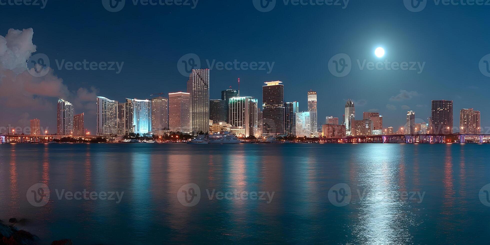 Miami Cityscape Night Skyline Bright Lights Full Moon Reflection photo