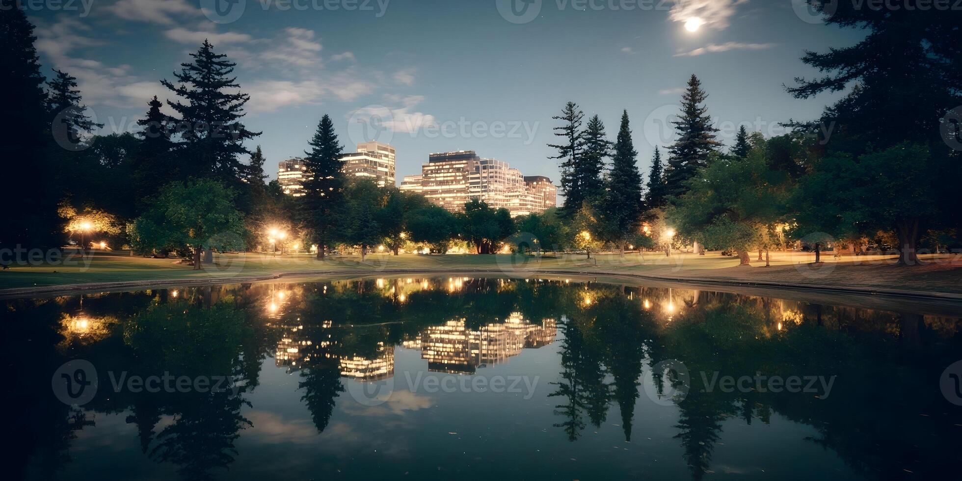 Night Cityscape Park Pond Reflection Illuminated Buildings Trees Moon photo