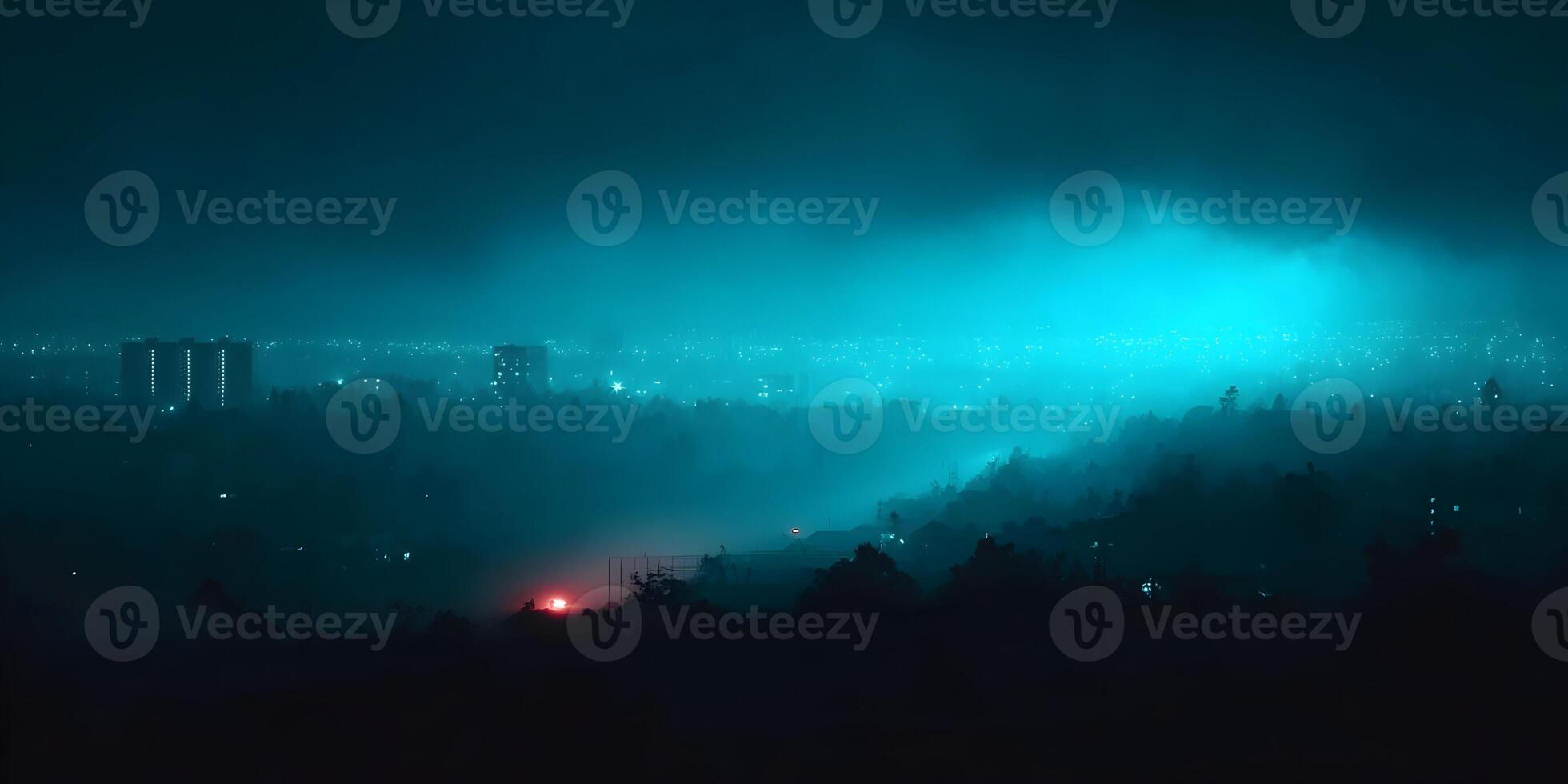 Night Cityscape Foggy Skyline Dark Teal Blue Lights photo