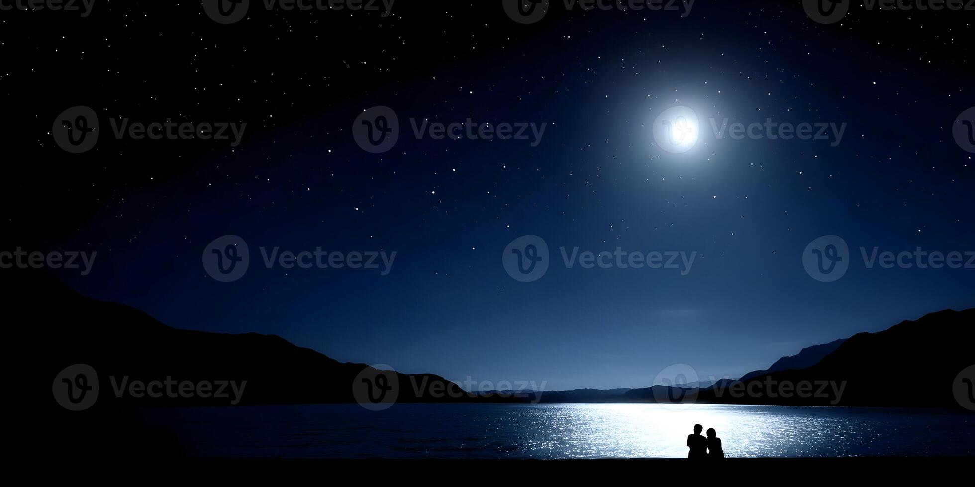 Romantic Couple Silhouettes Lake Night Sky Stars Moon Mountains photo