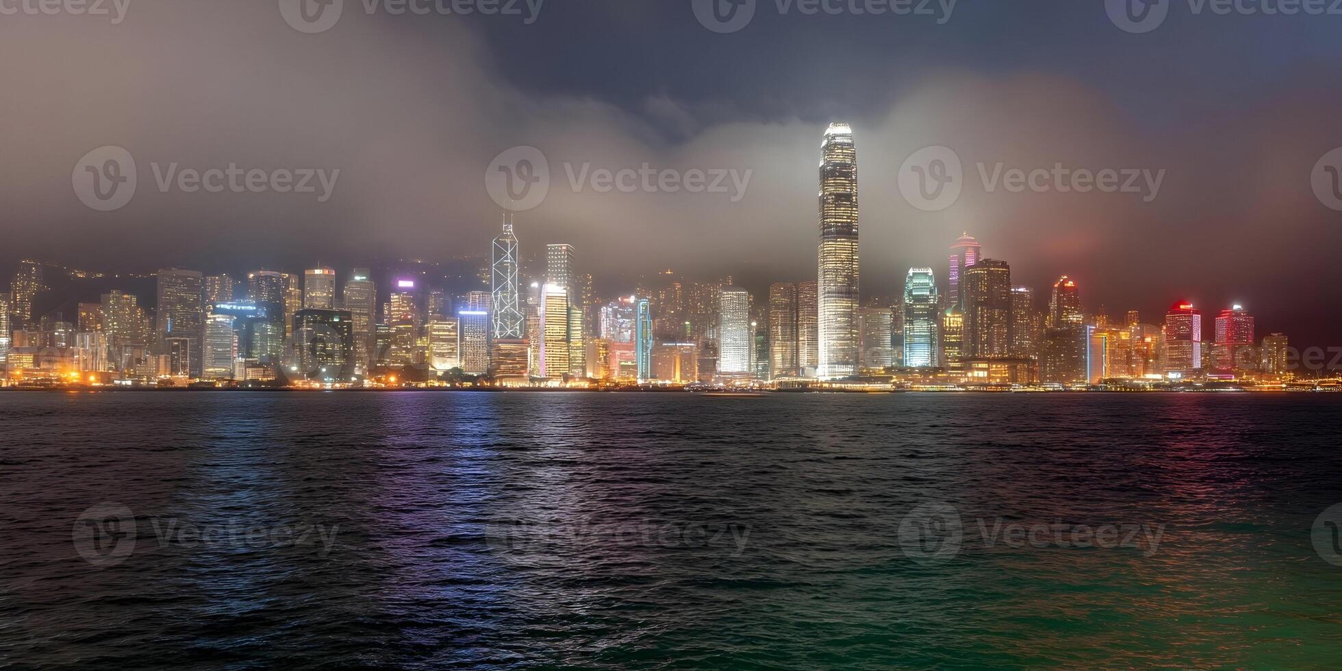 Night View Hong Kong Skyline Cityscape Illuminated Buildings photo