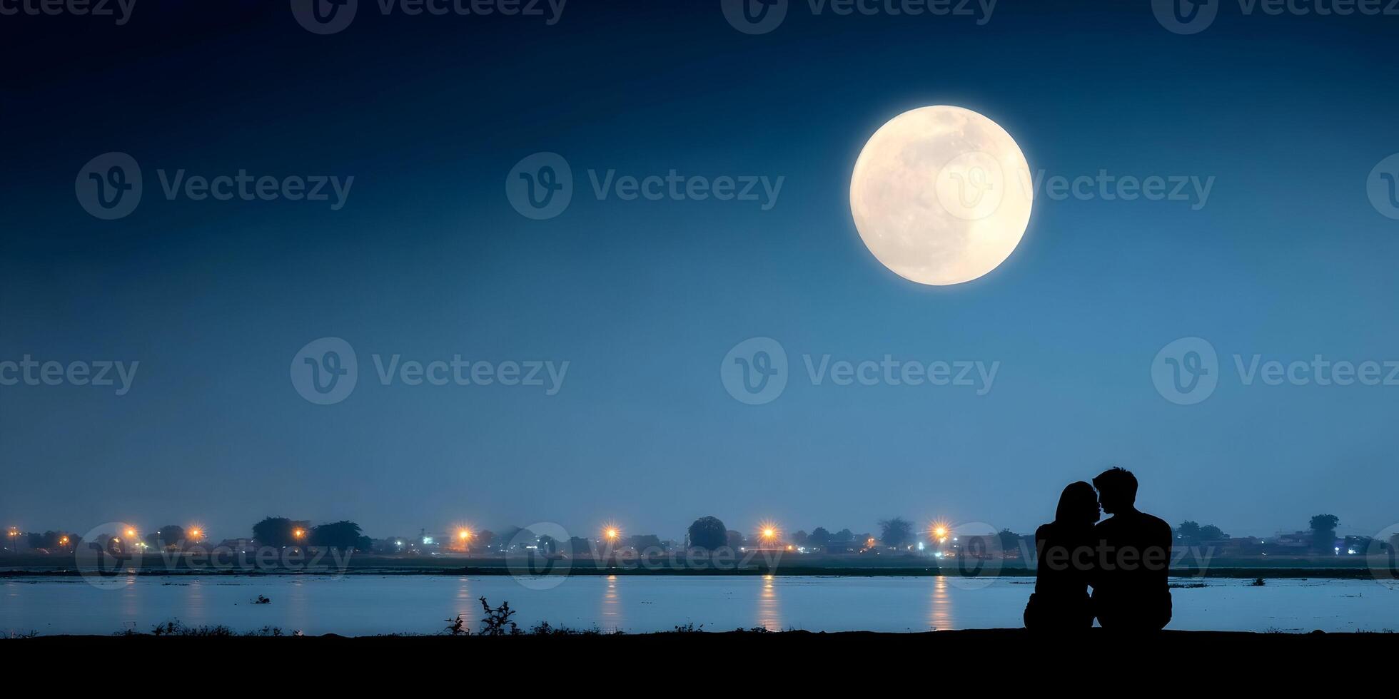 Silhouette Couple Romantic Night Moon River Cityscape photo