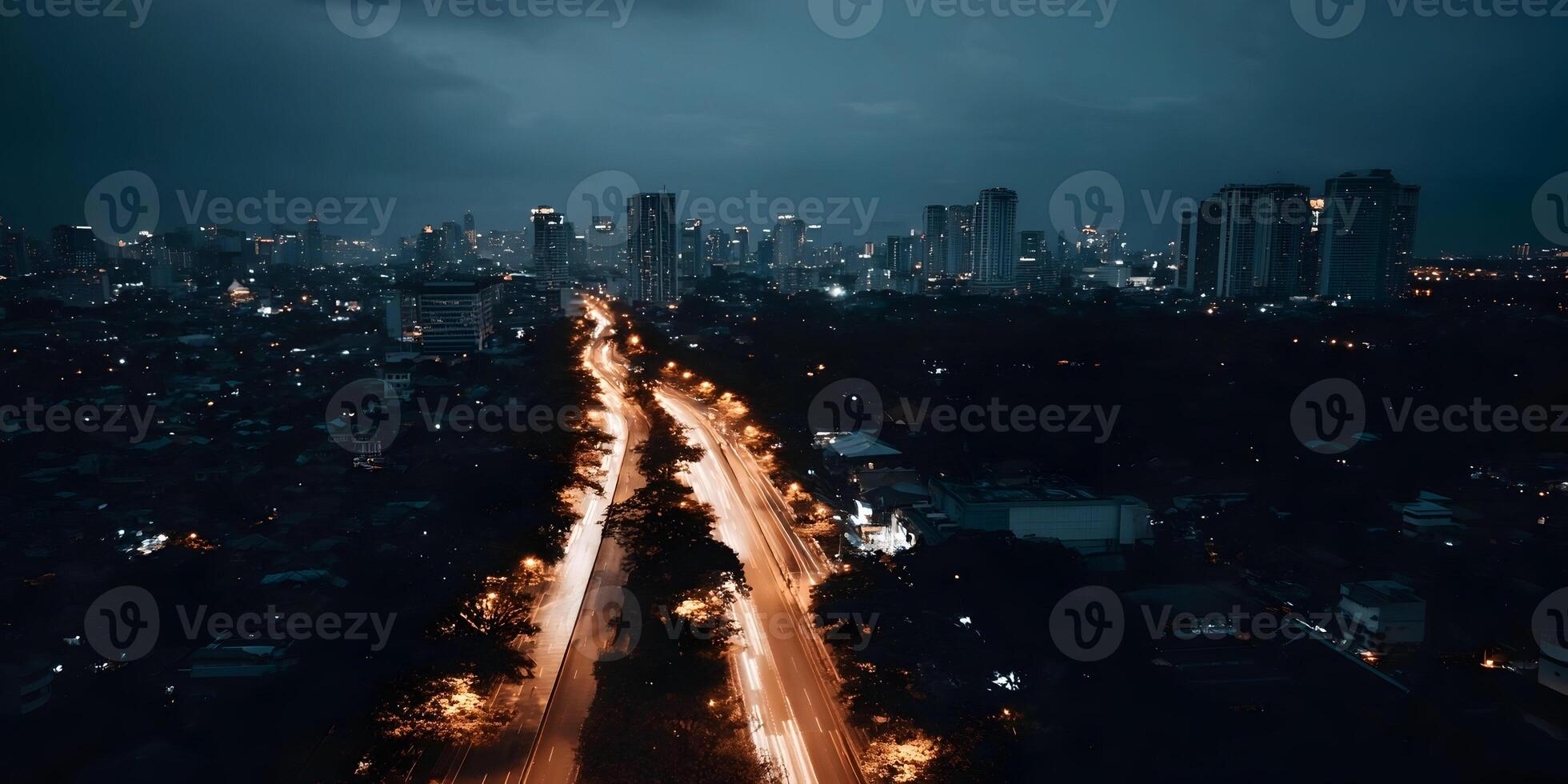 Night Cityscape Highway Traffic Light Trails City Buildings photo