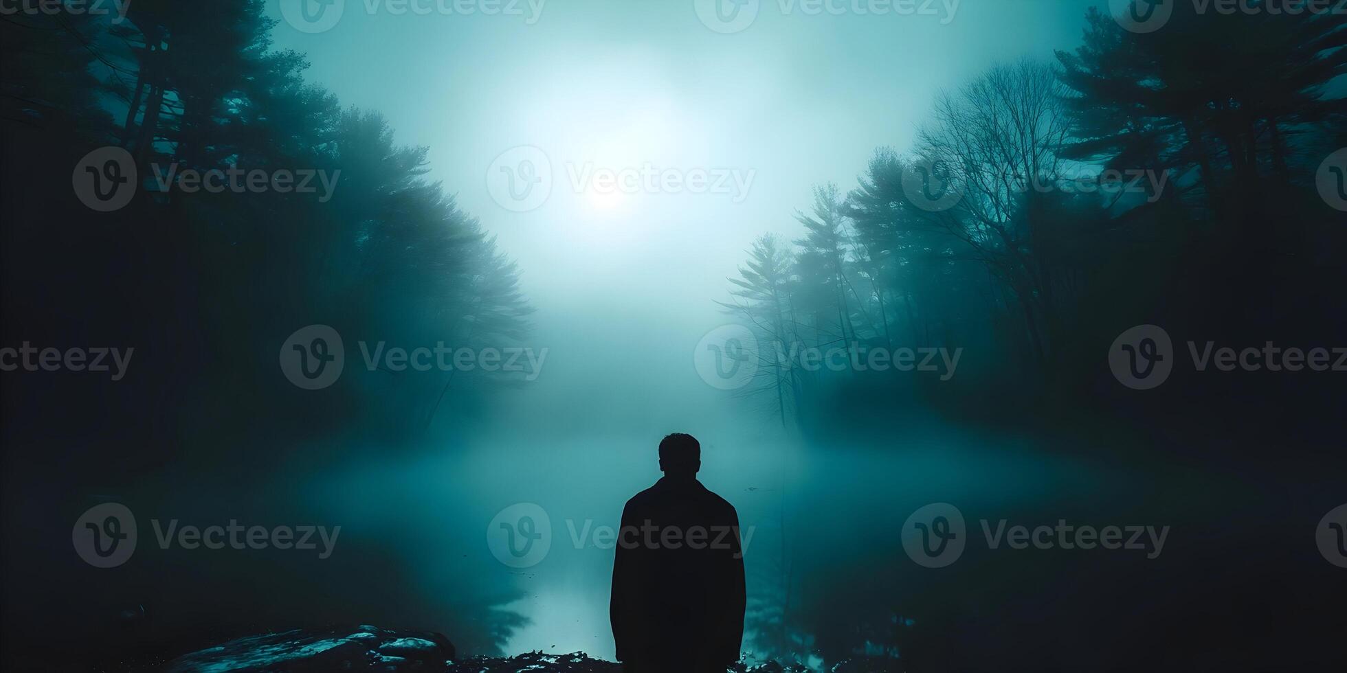 Silhouette Person Standing Foggy Lake Mysterious Forest Teal photo
