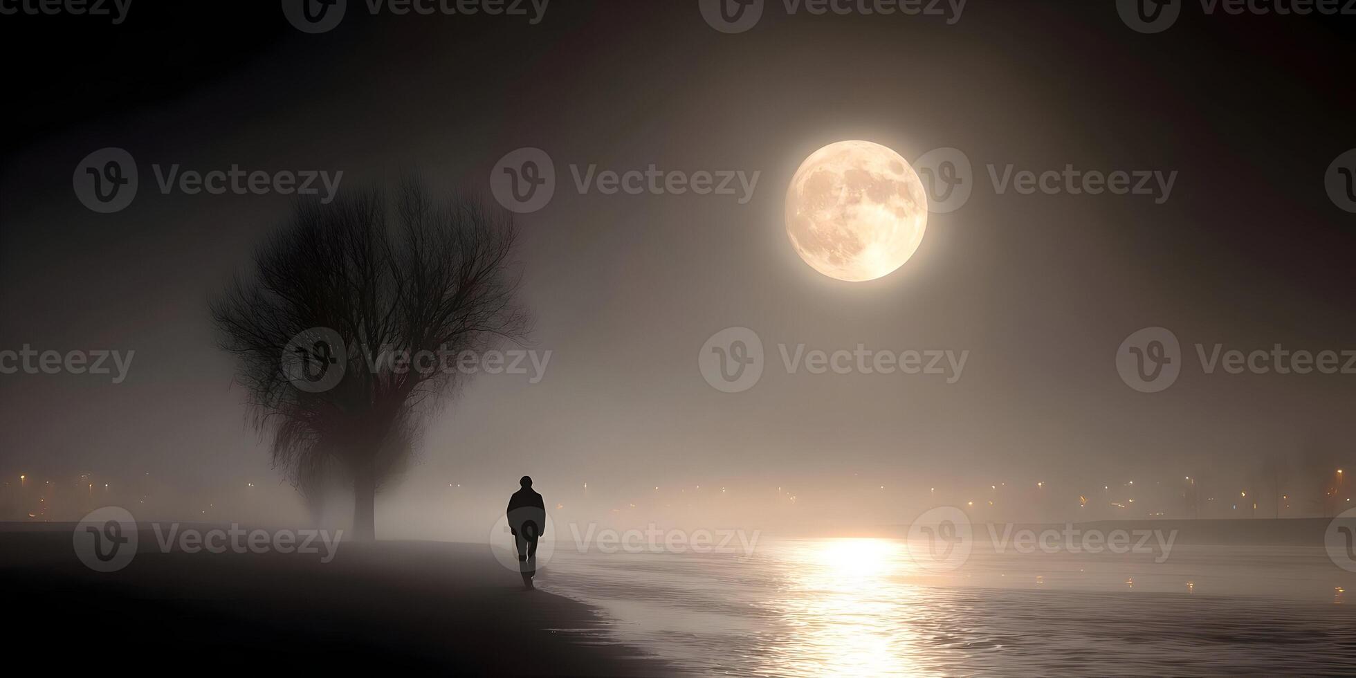 Solitary Man Walking by Foggy River Under Full Moon Night Scene photo