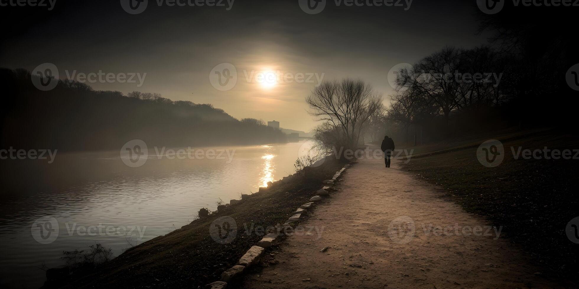 Person Walking on Path Beside River at Sunrise Foggy Morning Landscape photo