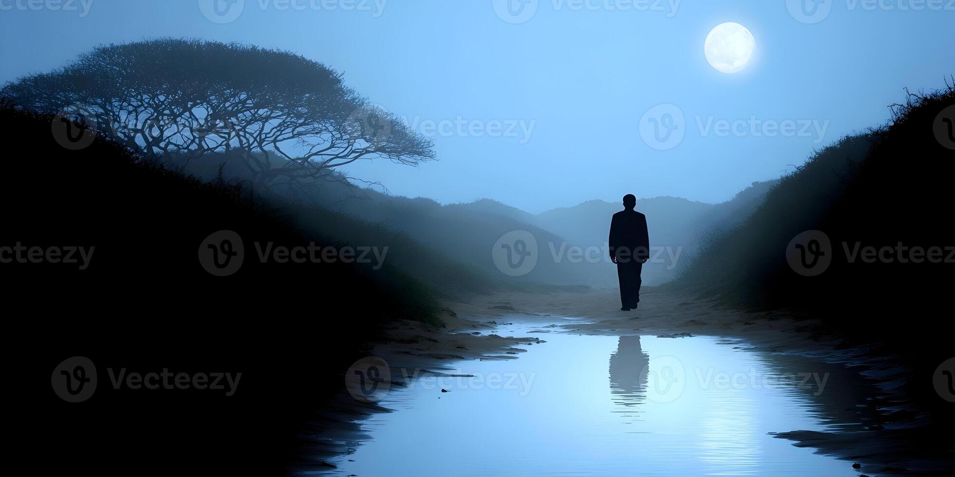Silhouette Man Walking Night Path Moonlit Landscape photo