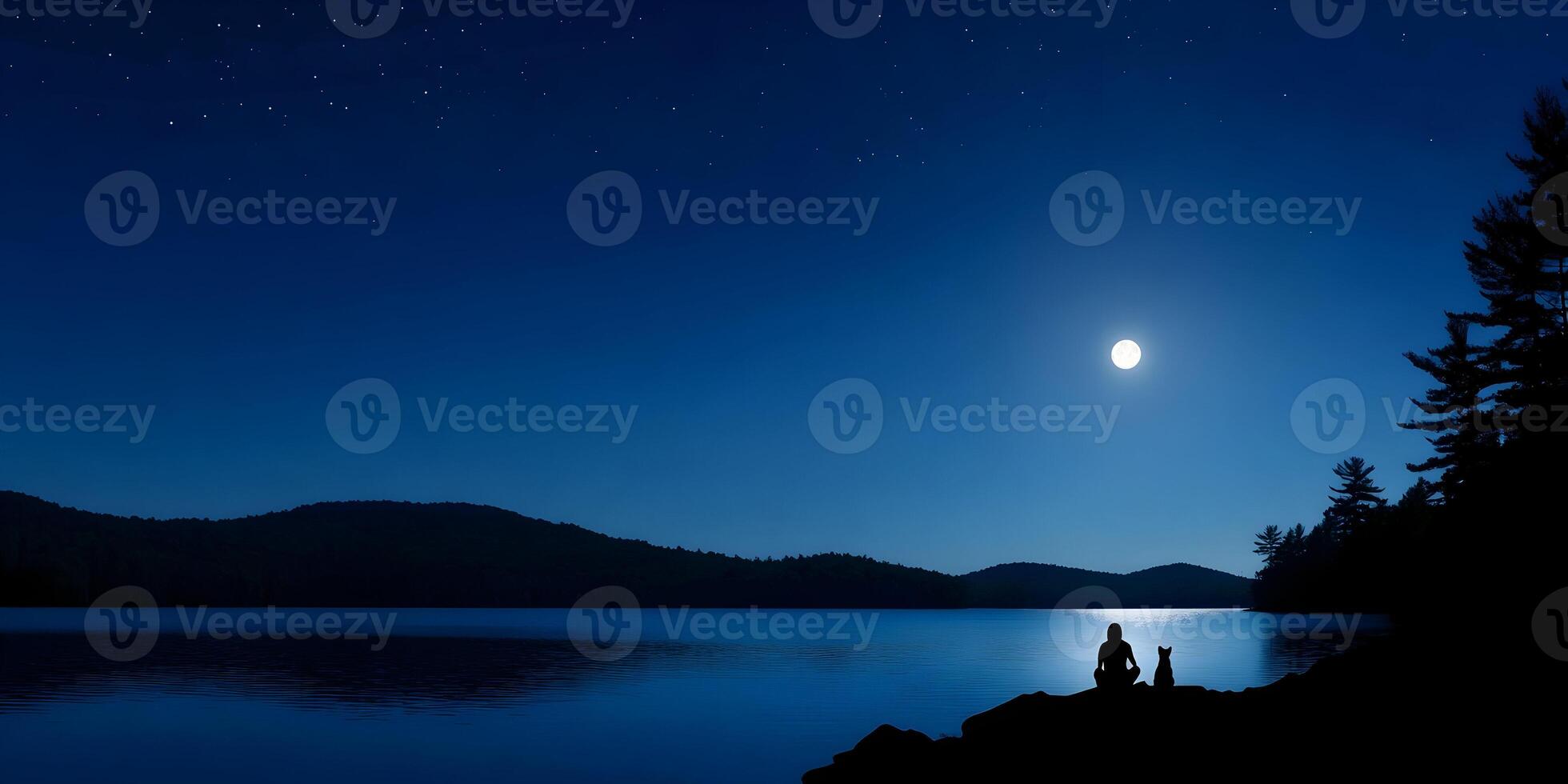 Silhouette Woman Dog Lake Night Moon Stars Calm Peaceful Scene photo