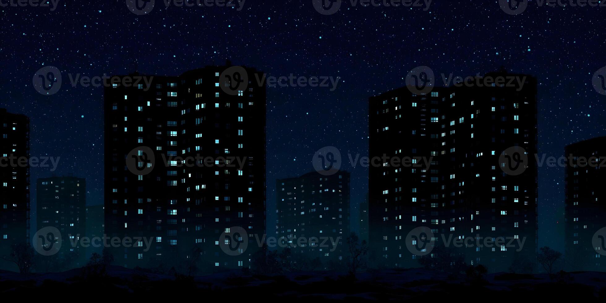 Night Cityscape Illuminated Buildings Starry Sky Apartment Blocks photo