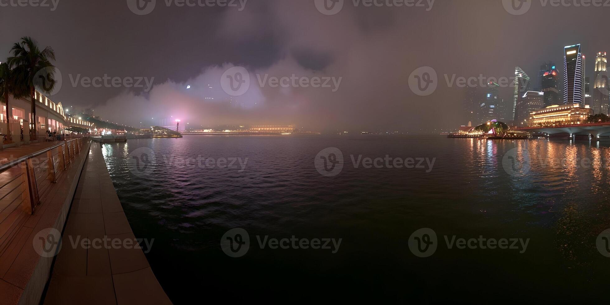 Night View Singapore City Skyline Marina Bay Fog Lights photo