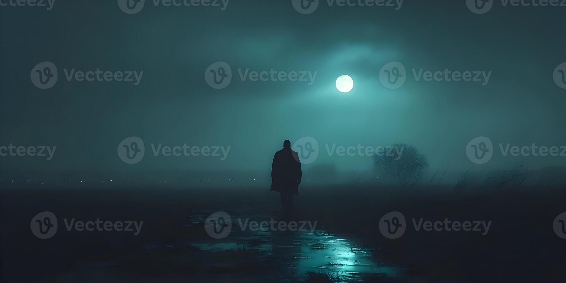 Lonely Figure Walking Night Fog Moonlit Path photo