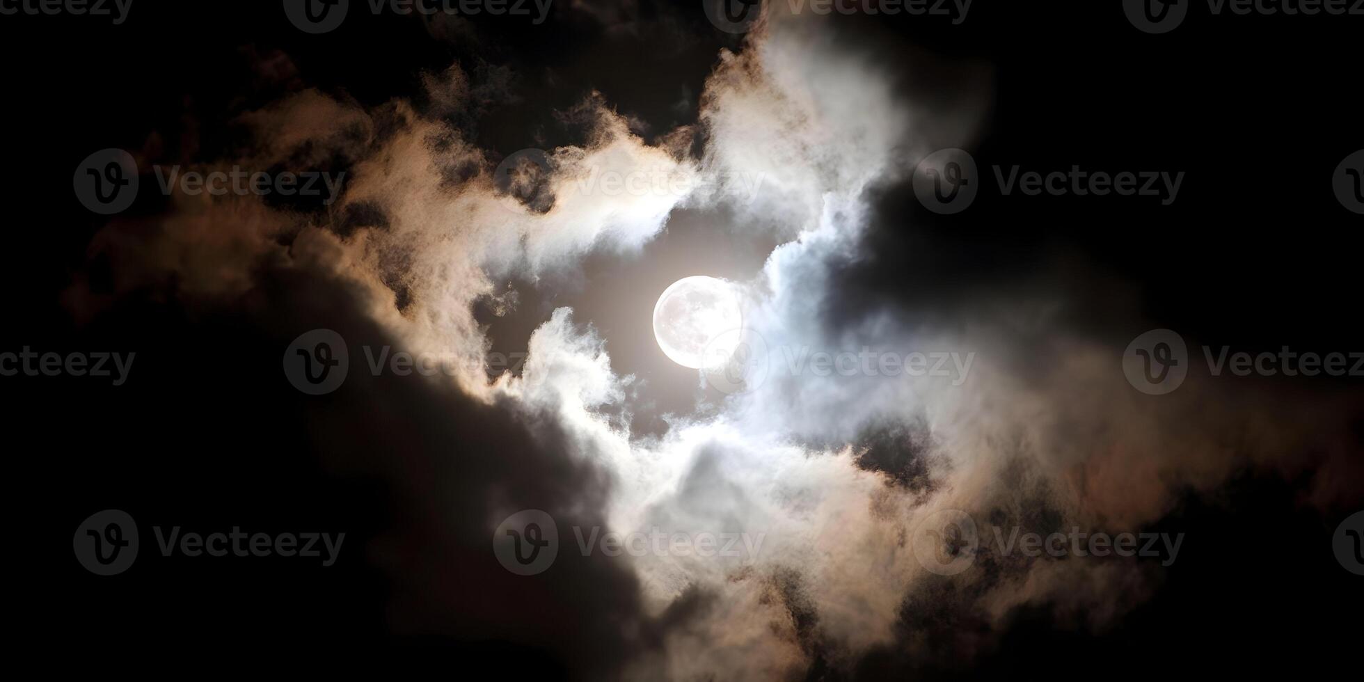 Bright Full Moon Shining Through Dark Clouds Night Sky photo