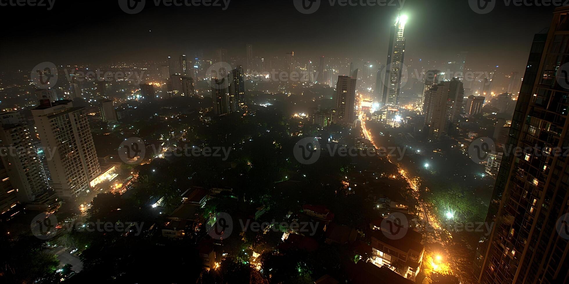 Night View Cityscape Skyline Many Buildings Illuminated Streets Trees Dark photo