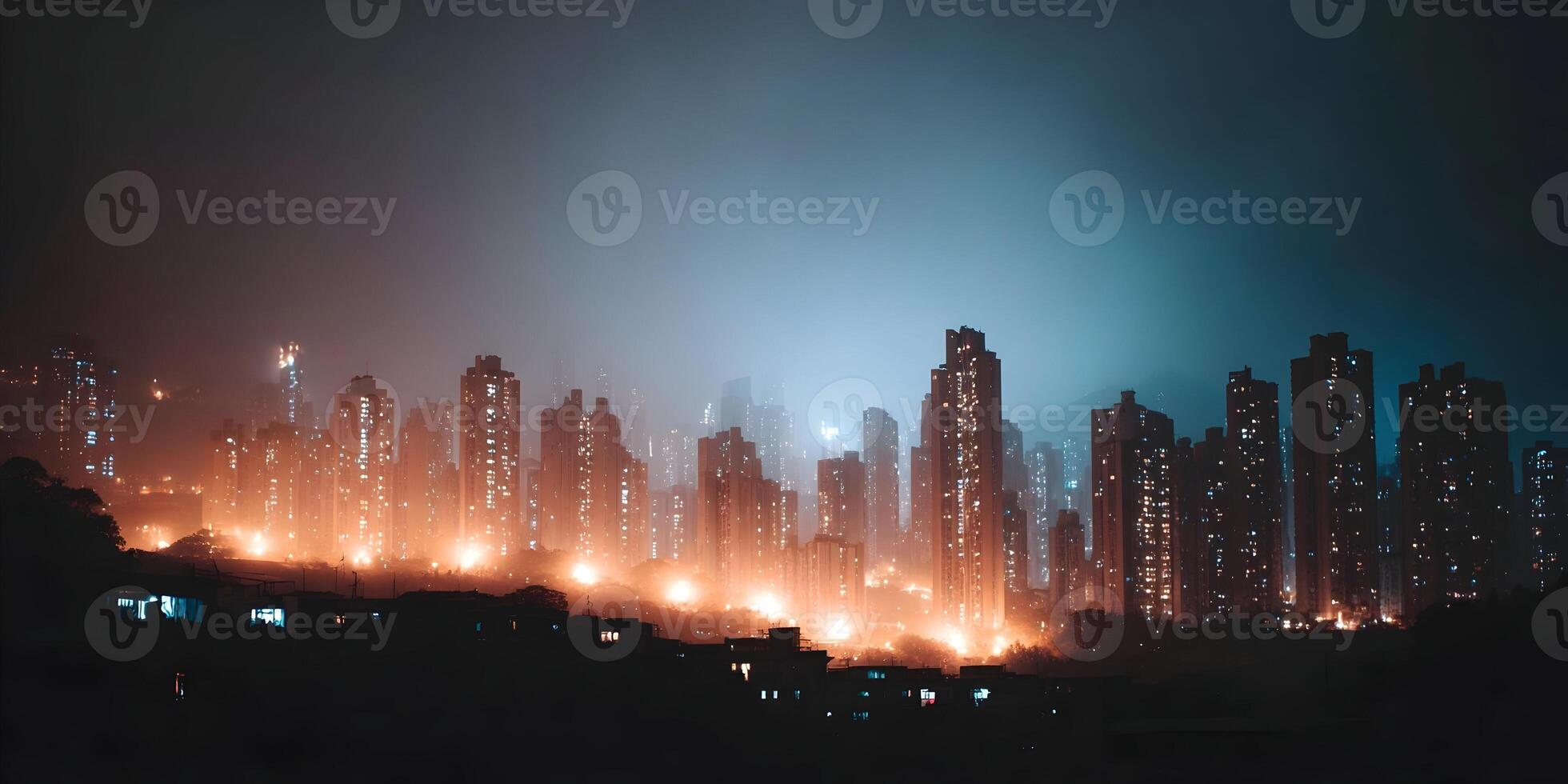 Night Cityscape Hong Kong Skyline Illuminated Buildings Foggy Atmosphere photo