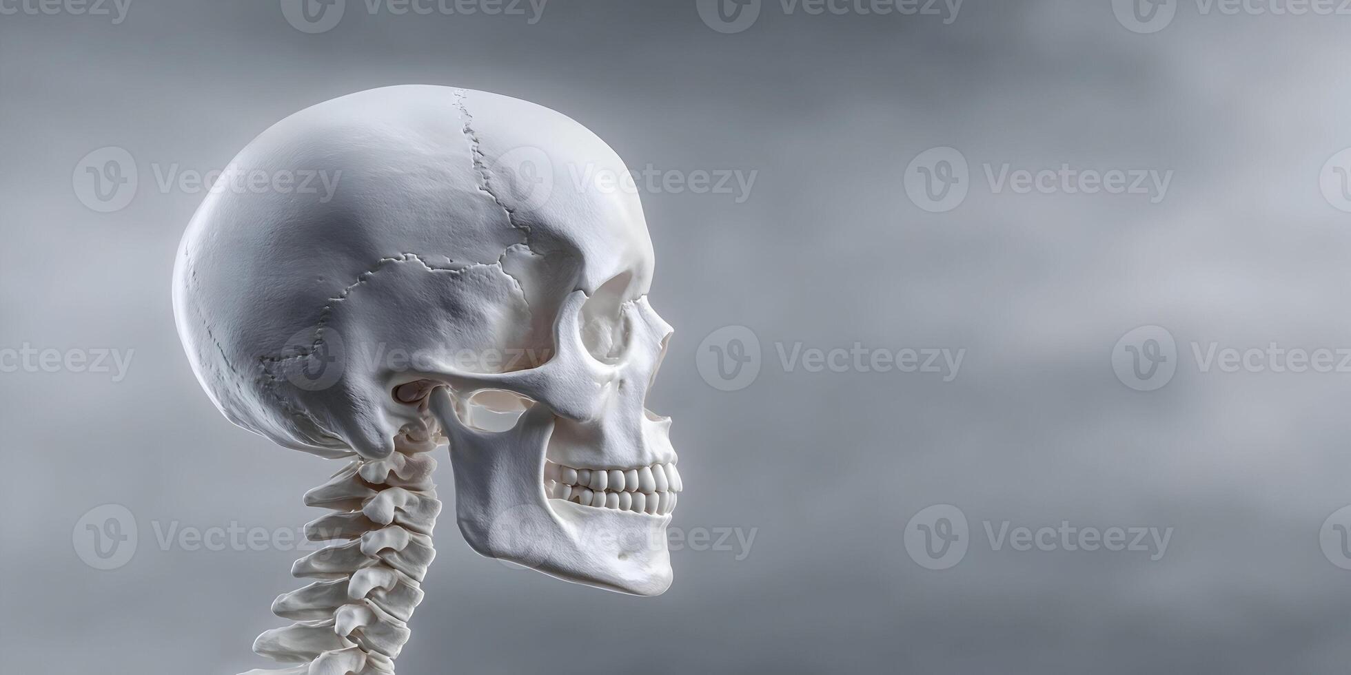 Human Skull Anatomy Profile View with Cervical Spine Grey Background photo