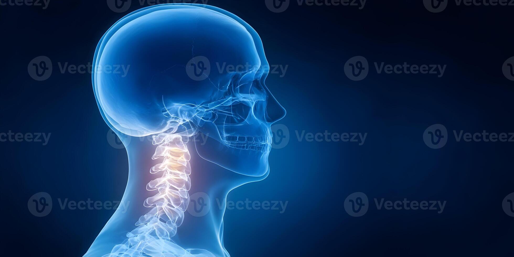 Human Cervical Spine Anatomy Medical Illustration Blue Xray Style photo