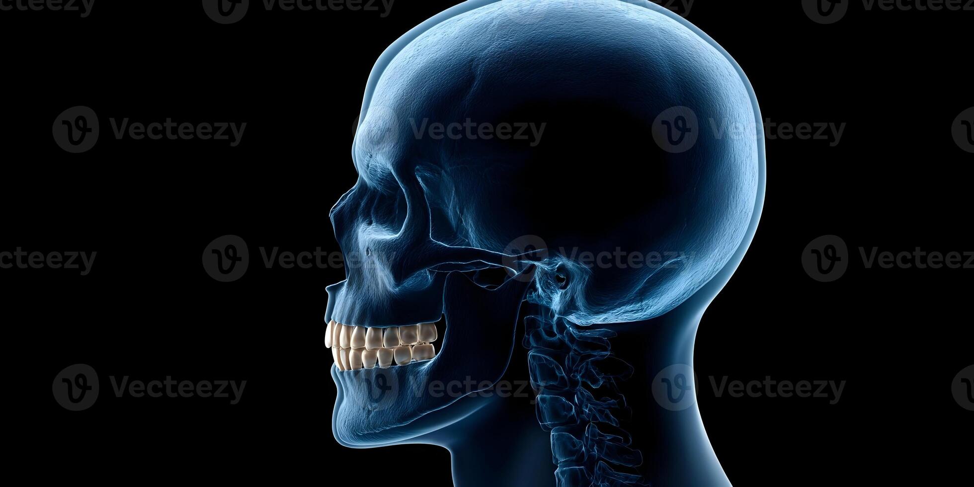 Human Skull Side Profile Anatomy Illustration Blue XRay Style photo