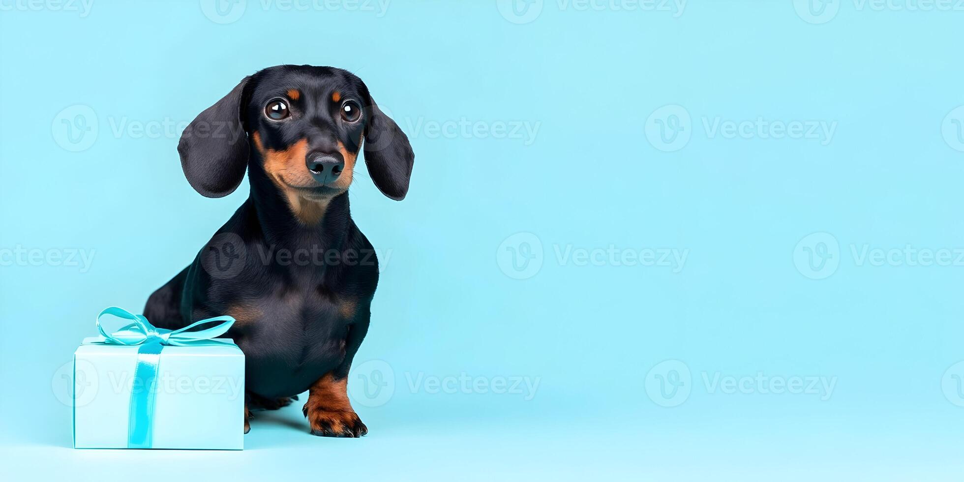 Black and Tan Dachshund Dog with Light Blue Gift Box on Light Blue Background photo