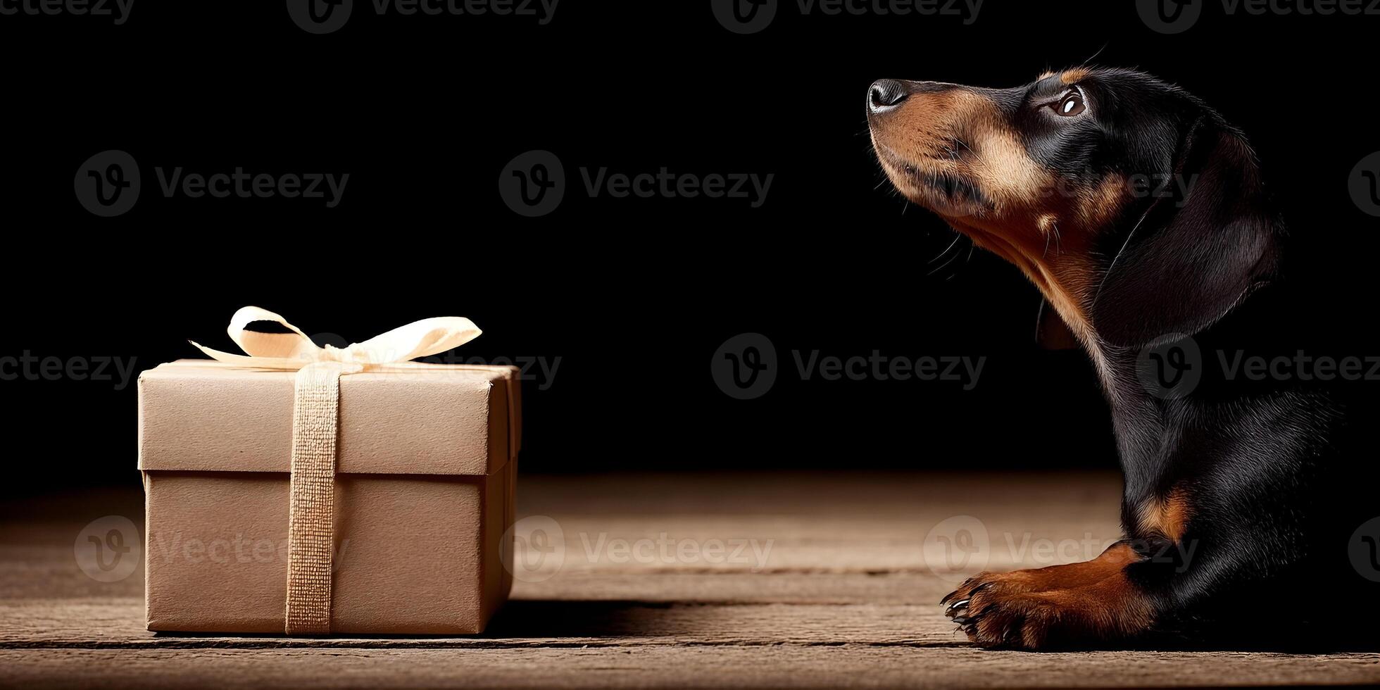 Black And Tan Dachshund Puppy Looking At Gift Box On Wooden Surface Dark Background photo