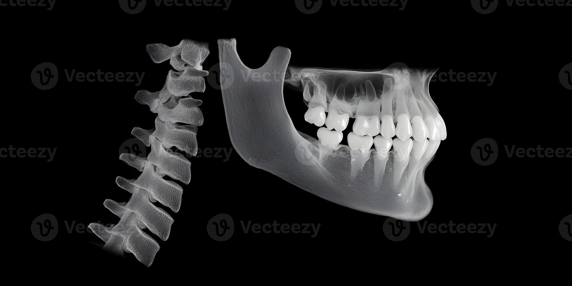 3D Render of Human Jawbone and Cervical Spine XRay Style Image photo