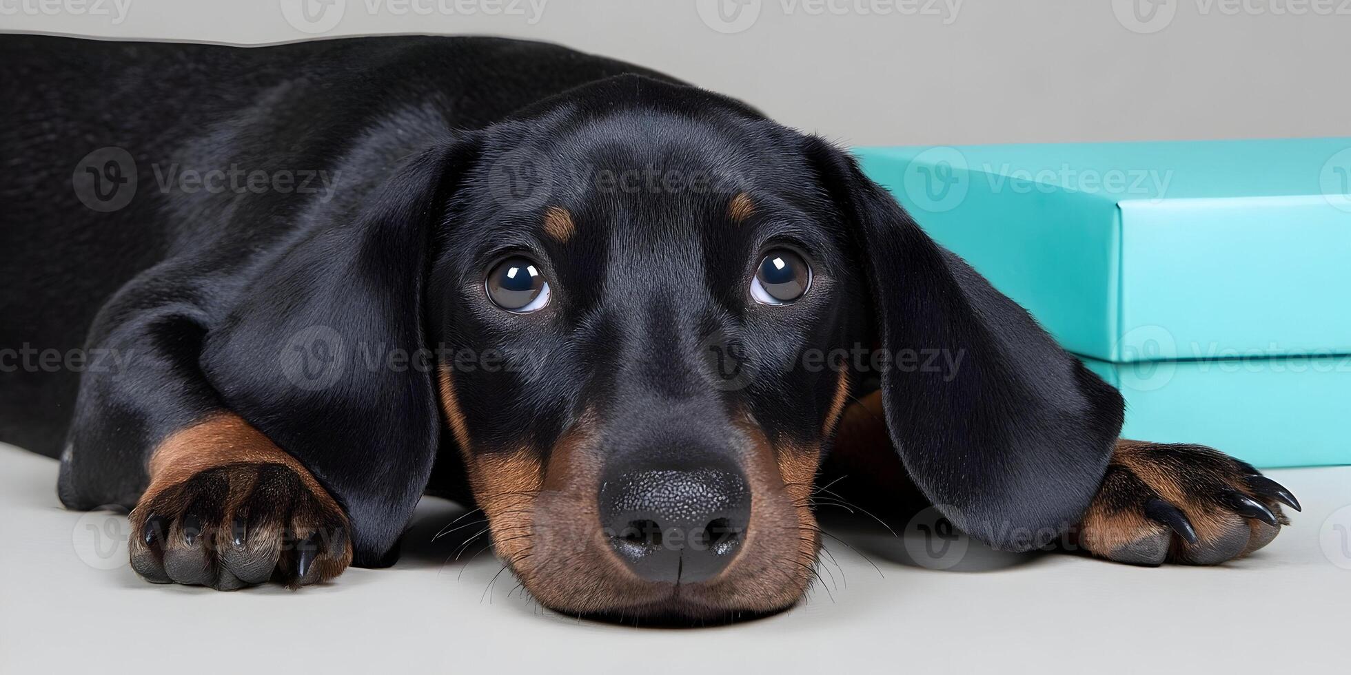 Black and Tan Dachshund Puppy Lying Down Near Teal Gift Box photo