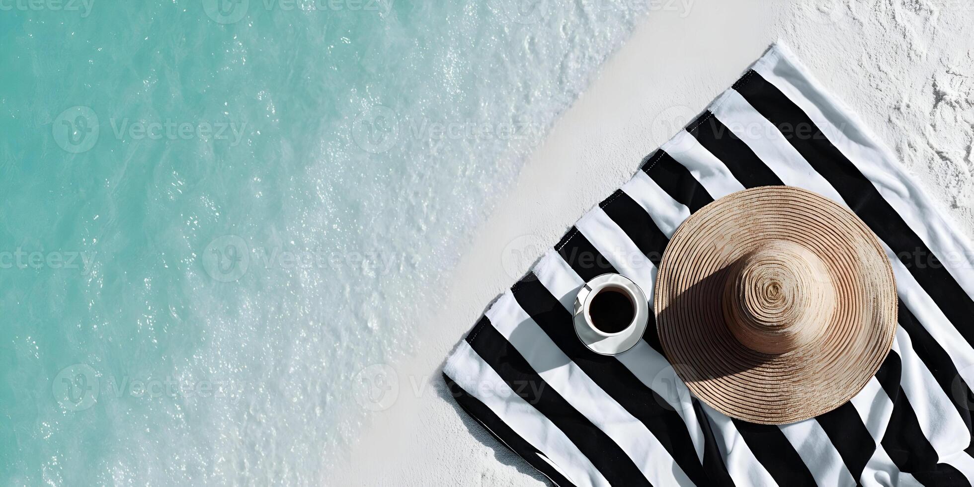 Summer Beach Scene Coffee Hat Towel Sand Ocean photo