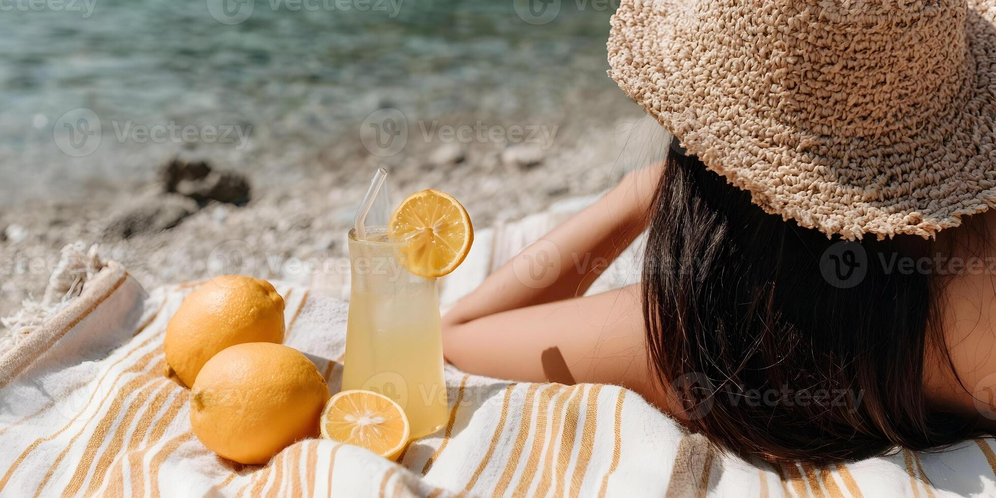 Woman Relaxing on Beach with Lemonade Drink and Lemons Summer Vacation Scene photo
