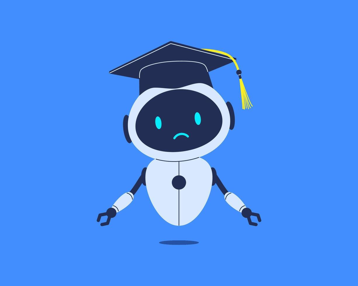 Confused robot in student cap with arms out. illustration for AI assistant, academic questions and education theme vector