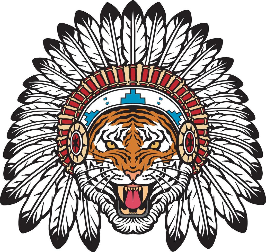 Tiger Head with Native American Indian Chief Headdress vector