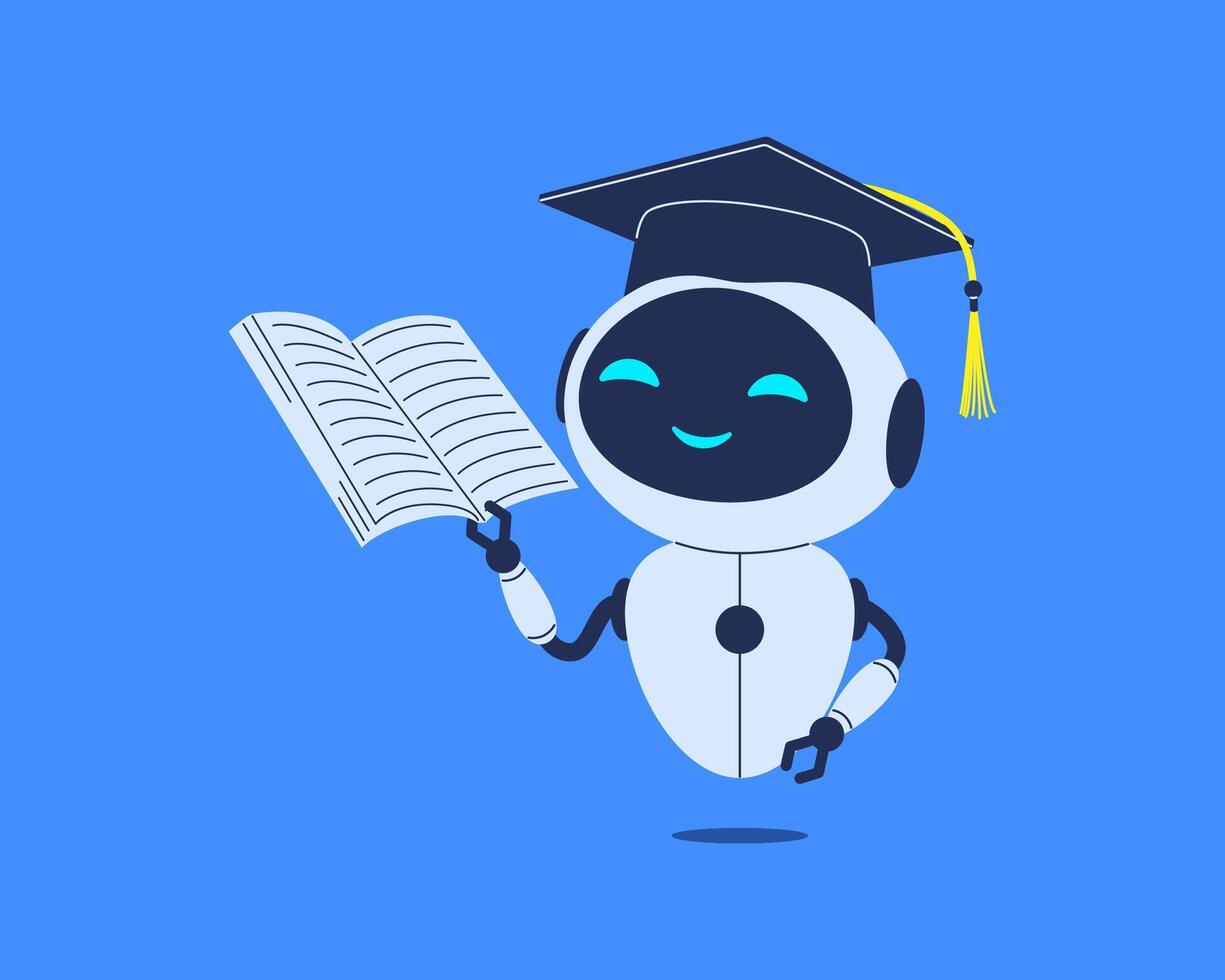 Cute robot in mortarboard with open book. character for education, academic tech and learning themes vector