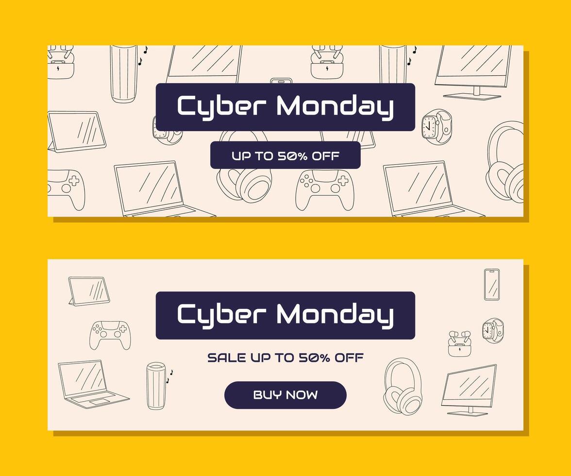 Cyber Monday horizontal banner with outlined tech gadgets and digital devices in linear style. illustration for electronics sale and modern technology vector