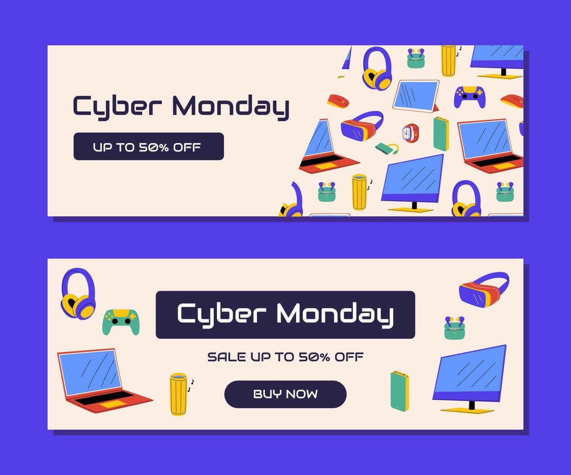 Cyber Monday sale banner with electronics vector