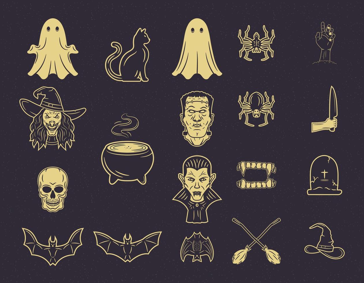 Vintage Halloween set with 19 spooky elements. Includes characters and iconic symbols in retro style. Perfect isolated illustrations for posters, stickers, logos, and more. vector