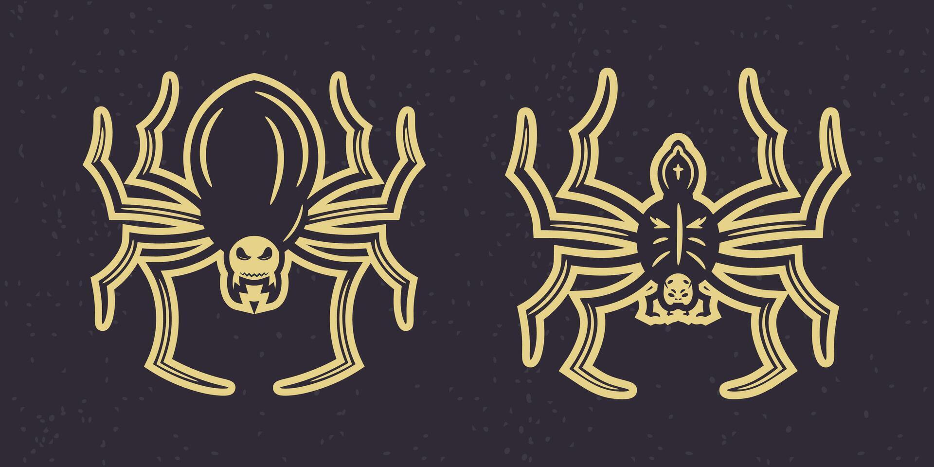 Illustration of two spooky cartoon spiders with creepy faces. Halloween design on dark textured background. vector