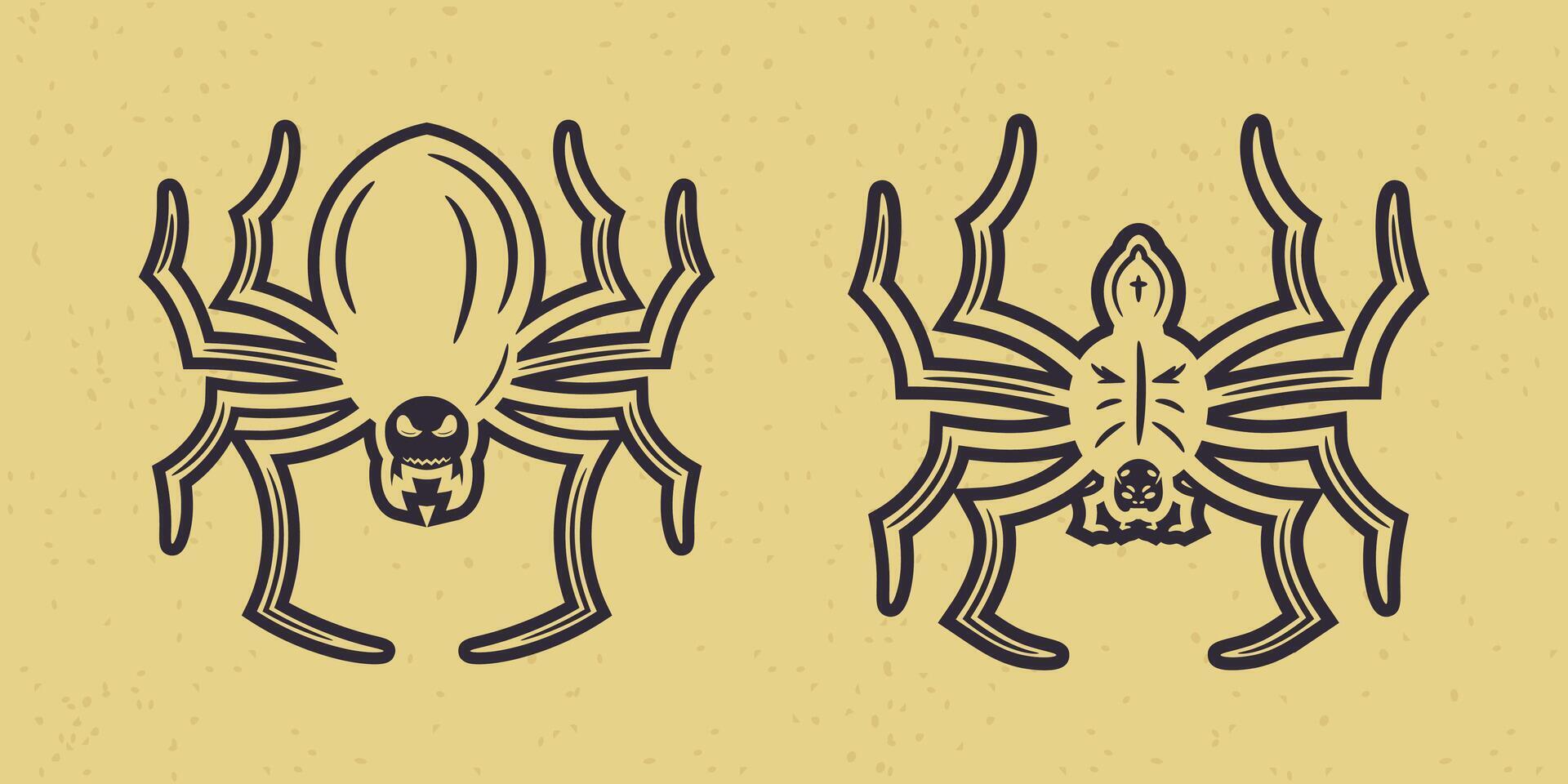 Illustration of two spooky cartoon spiders with creepy faces. Halloween design on retro textured background. vector