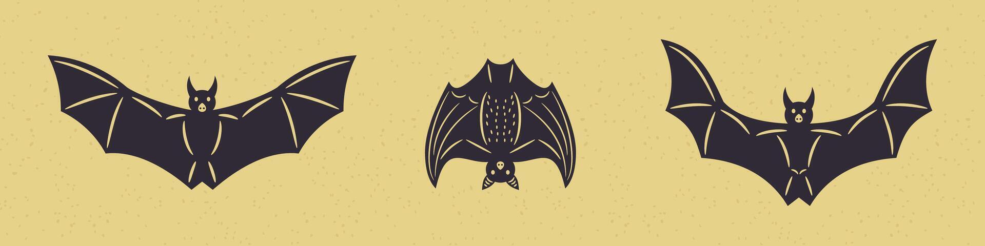 Set of 3 vintage-style Halloween bats. Detailed isolated illustrations ideal for Halloween designs, posters, logos, and festive decorations. vector
