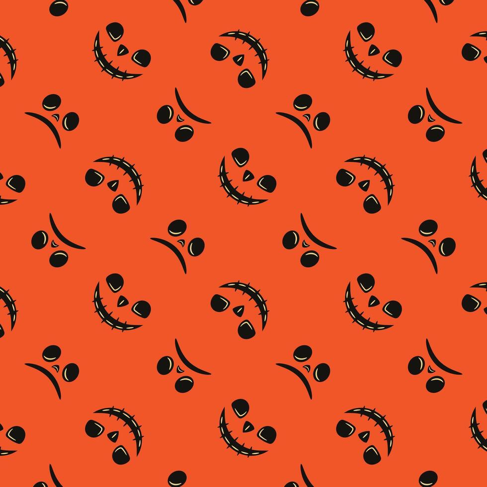Seamless Halloween pattern with spooky cartoon faces on orange background. Great for festive wrapping, textiles, and party decor. vector