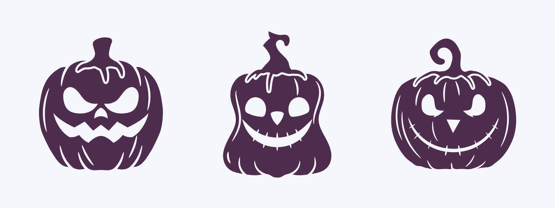 Vintage Halloween pumpkin icon set featuring classic Jack-o'-Lantern designs. Perfect isolated vectors for logos, posters, and emblems.